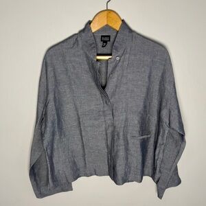 Eileen Fisher Charcoal Linen Blend Band Collar Button Up Blouse | S